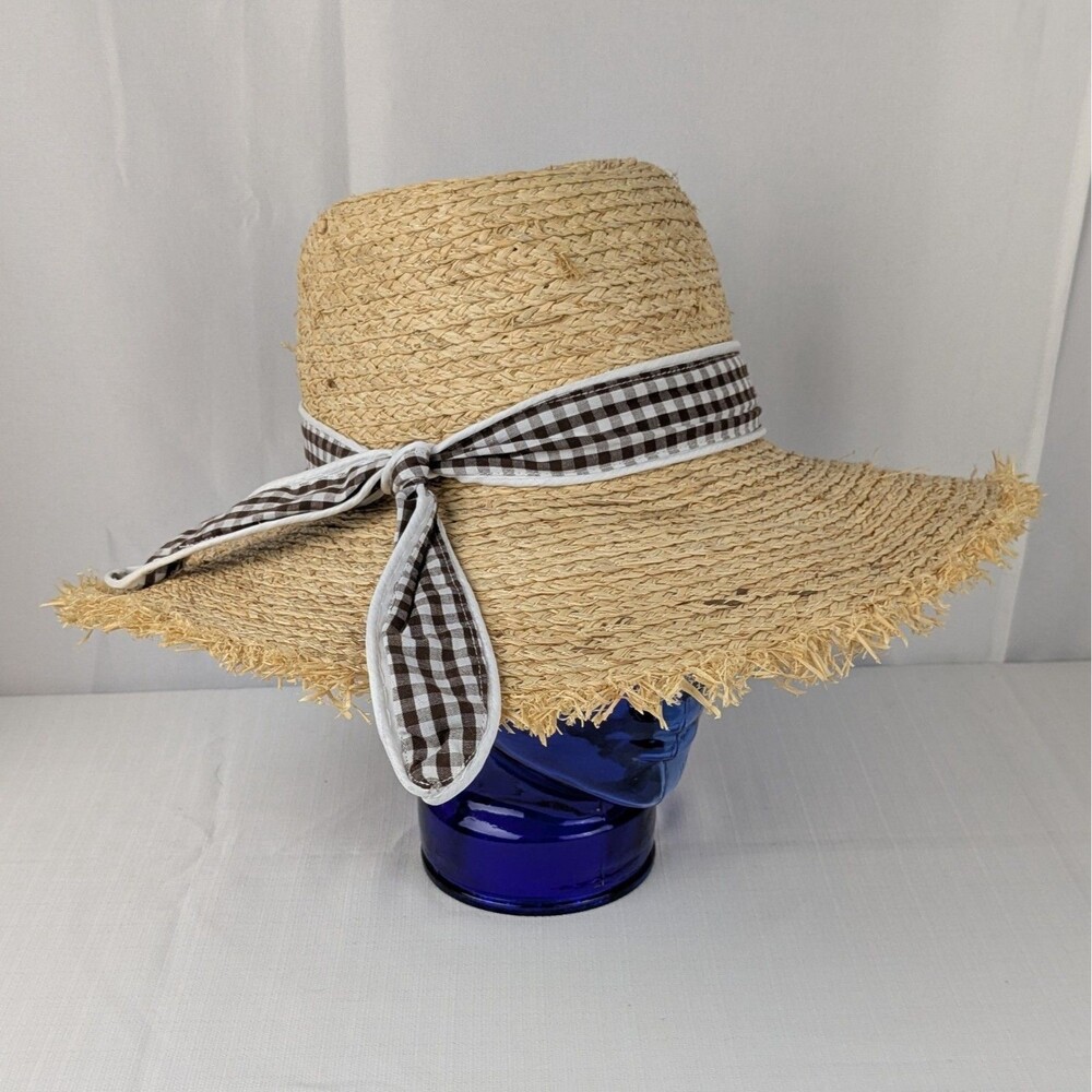 POL Womens Wide Brim Raffia Straw Hat Brown White Gingham Ribbon Band